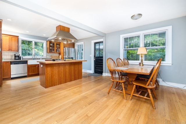 kitchen with tasteful backsplash, appliances with stainless steel finishes, island range hood, and light wood-type flooring