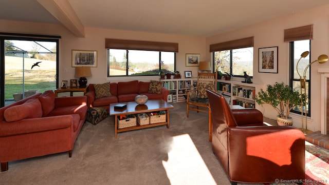 carpeted living room with beamed ceiling and a healthy amount of sunlight