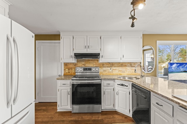 kitchen with white cabinetry, stainless steel electric range oven, dark wood-type flooring, black dishwasher, and white refrigerator