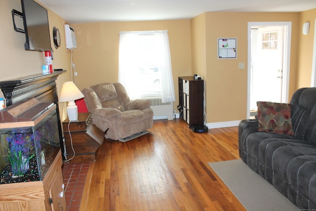 living room featuring hardwood / wood-style floors and radiator