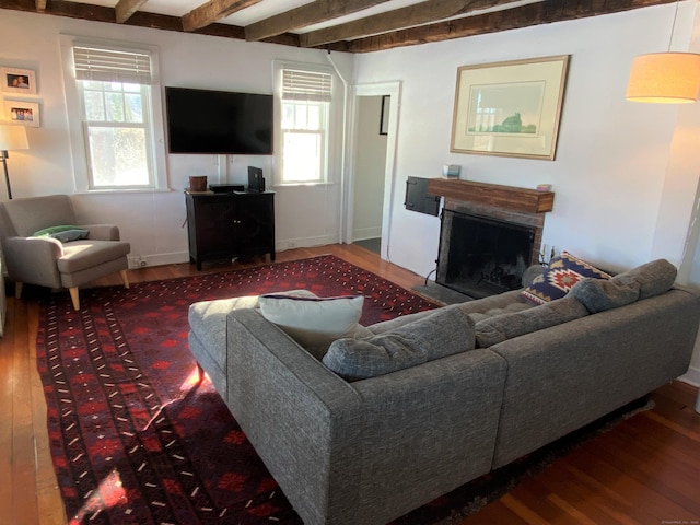 140 Lime Rock Rd, Salisbury, CT 06039 - living room featuring wood finished floors, a fireplace, beamed ceiling, and baseboards