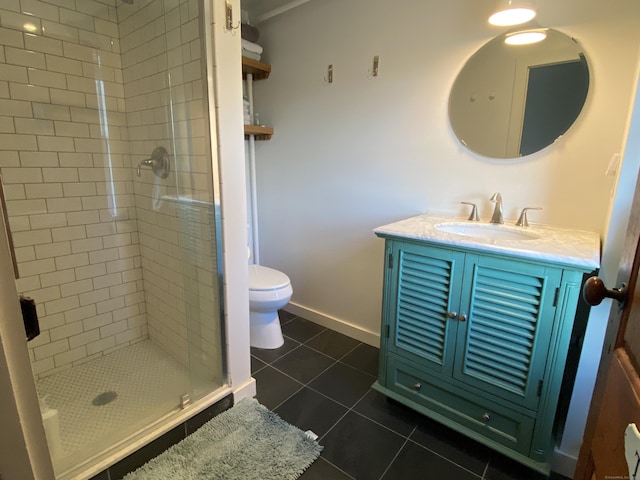 bathroom with tile patterned flooring, vanity, toilet, and an enclosed shower