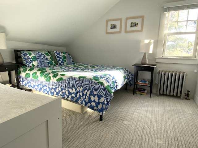 140 Lime Rock Rd, Salisbury, CT 06039 - bedroom featuring radiator heating unit, vaulted ceiling, and carpet floors