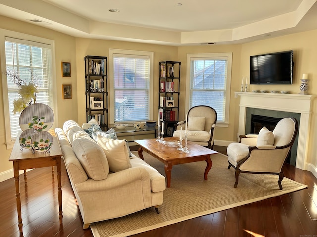 living area with a raised ceiling and hardwood / wood-style floors