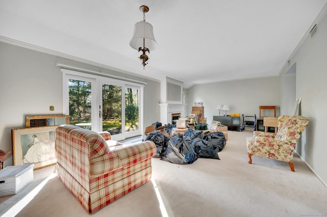 999 Heritage Vlg Unit B, Southbury, CT 06488 - carpeted living area featuring a fireplace and ornamental molding