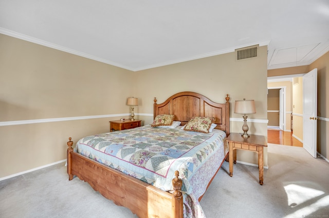 carpeted bedroom with crown molding