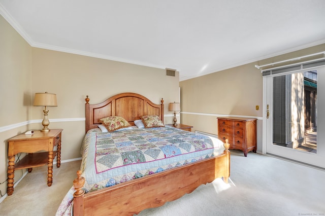 bedroom with light carpet, access to outside, and crown molding