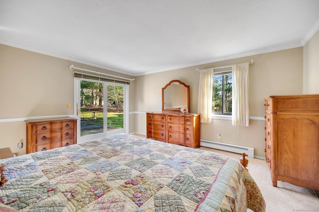 bedroom with baseboard heating, access to exterior, light carpet, and ornamental molding