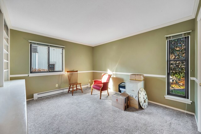 sitting room with light colored carpet, baseboard heating, and a healthy amount of sunlight