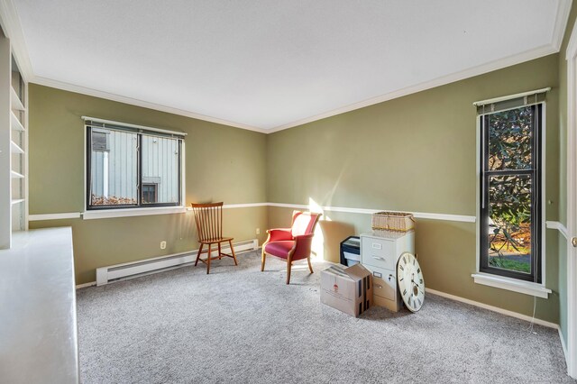 999 Heritage Vlg Unit B, Southbury, CT 06488 - sitting room featuring ornamental molding, baseboard heating, healthy amount of natural light, and carpet floors