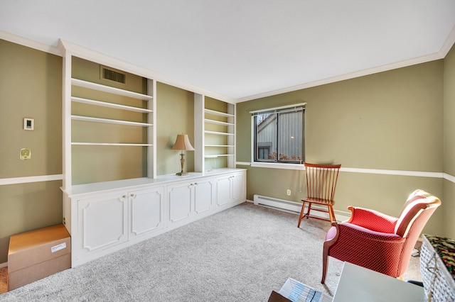 living area featuring light colored carpet, ornamental molding, and baseboard heating