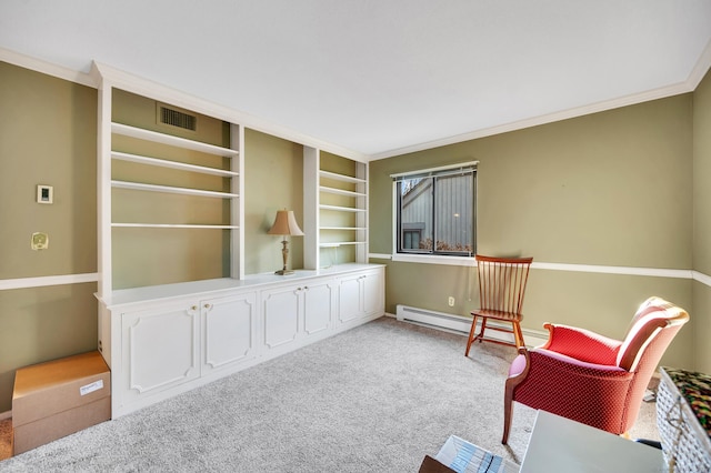 999 Heritage Vlg Unit B, Southbury, CT 06488 - living area featuring a baseboard heating unit, carpet flooring, ornamental molding, and built in shelves