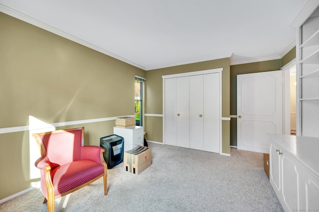 living area with light carpet and ornamental molding