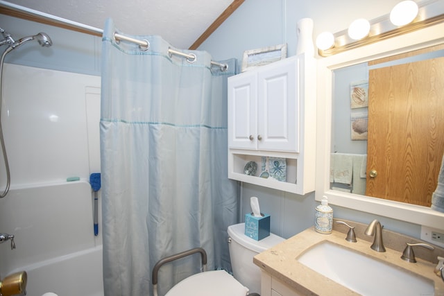 full bathroom with shower / tub combo, vanity, and toilet