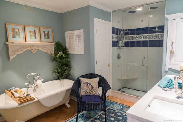 bathroom with tile patterned flooring, vanity, ornamental molding, and plus walk in shower