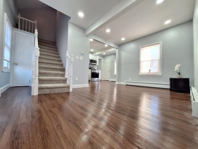 unfurnished living room featuring dark hardwood / wood-style floors and baseboard heating