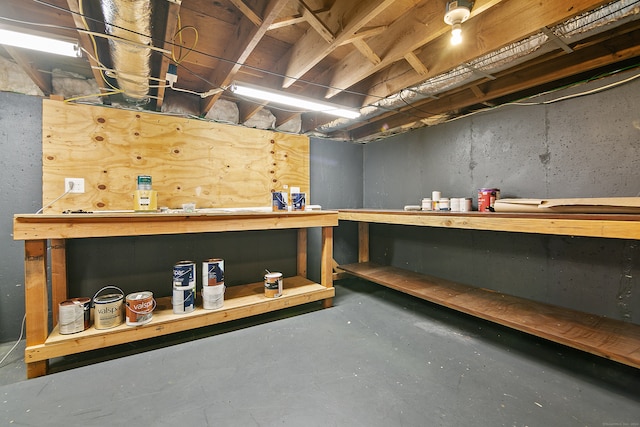 basement with a workshop area