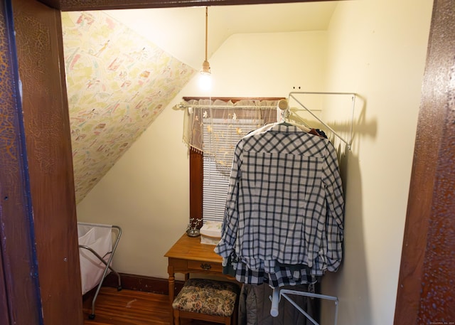 walk in closet with lofted ceiling and wood-type flooring