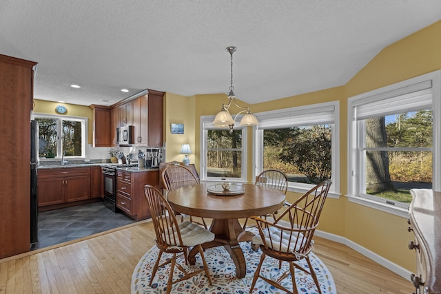 dining space with a textured ceiling, lofted ceiling, sink, and dark hardwood / wood-style floors