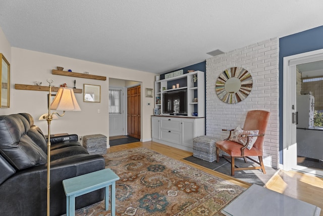 living room with wood-type flooring and a textured ceiling