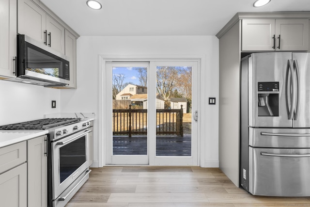 kitchen with gray cabinetry, light wood-type flooring, and appliances with stainless steel finishes