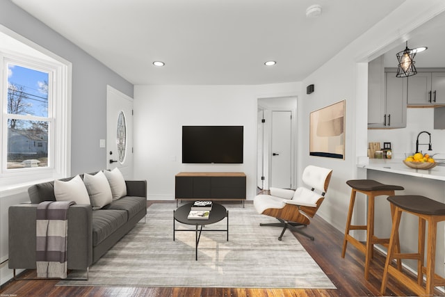 living room with dark hardwood / wood-style floors and sink