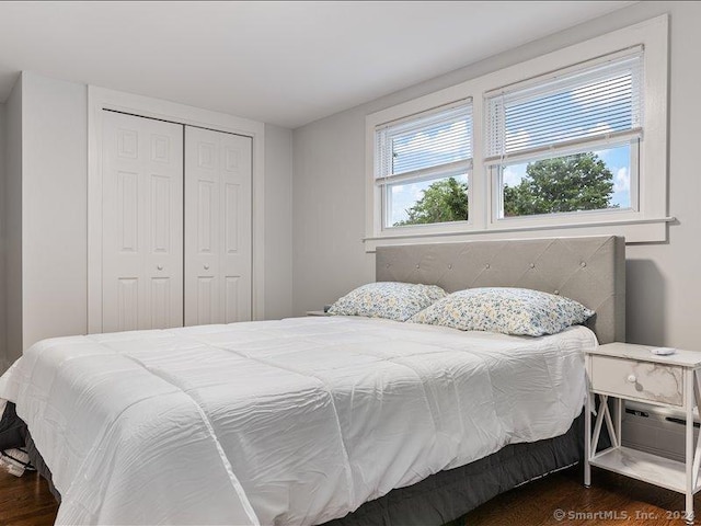 bedroom featuring dark hardwood / wood-style flooring and a closet