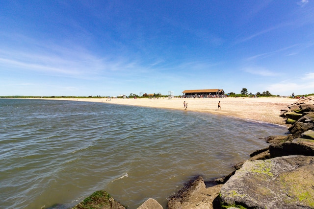 view of water feature with a beach view