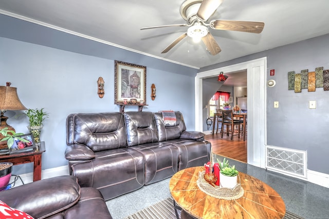 living room with crown molding