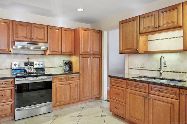 kitchen featuring decorative backsplash, electric range, sink, and dark stone countertops