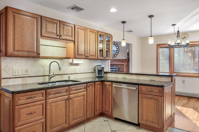 kitchen featuring dishwasher, hanging light fixtures, a notable chandelier, and sink