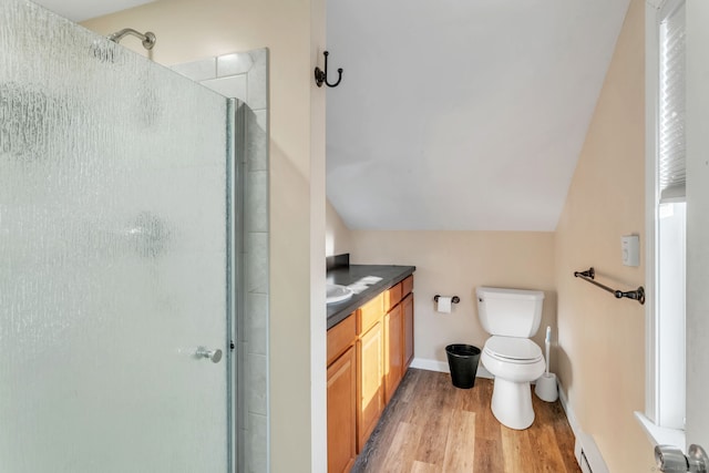 bathroom featuring a shower with shower door, vanity, hardwood / wood-style floors, toilet, and lofted ceiling