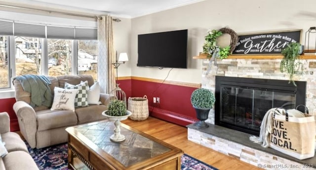 living room with ornamental molding, wood-type flooring, and a stone fireplace