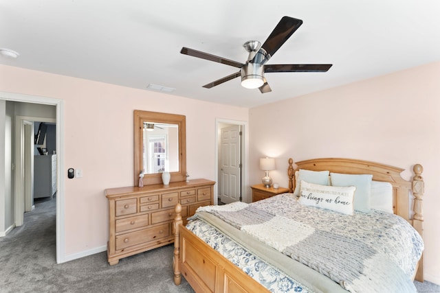 bedroom with ceiling fan and carpet floors