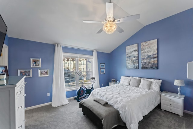 carpeted bedroom with ceiling fan and lofted ceiling