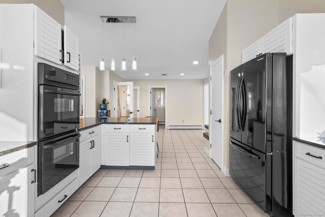 kitchen featuring black appliances, pendant lighting, white cabinetry, and kitchen peninsula