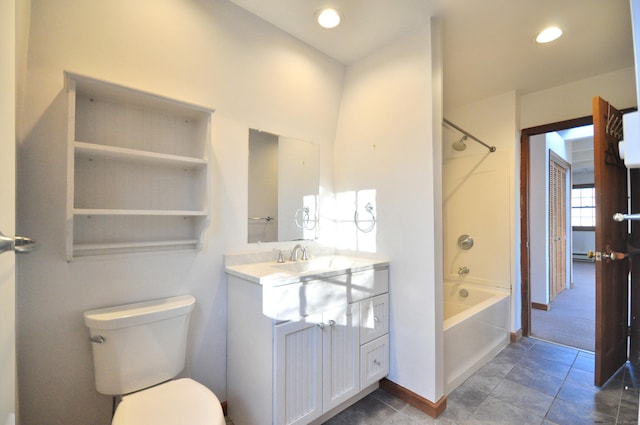 bathroom featuring vanity, shower / tub combination, baseboards, toilet, and recessed lighting
