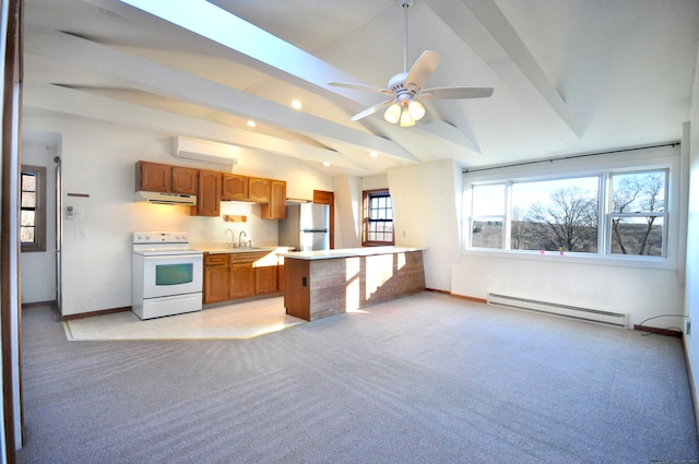 kitchen featuring a baseboard heating unit, white range with electric stovetop, light colored carpet, and freestanding refrigerator