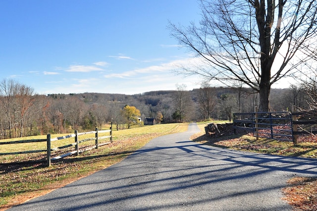view of road featuring a forest view