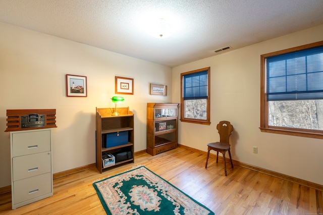 living area with light hardwood / wood-style floors and a textured ceiling