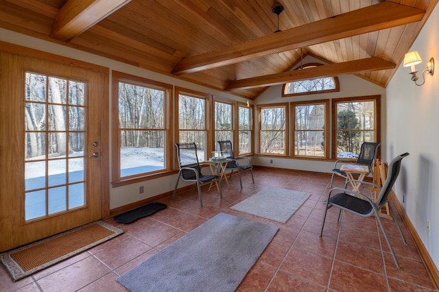 sunroom / solarium featuring lofted ceiling with beams and wood ceiling