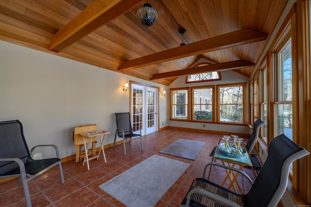 interior space with french doors, vaulted ceiling with beams, and wooden ceiling