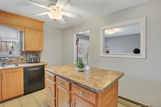 kitchen featuring sink, a center island, black dishwasher, tasteful backsplash, and baseboard heating