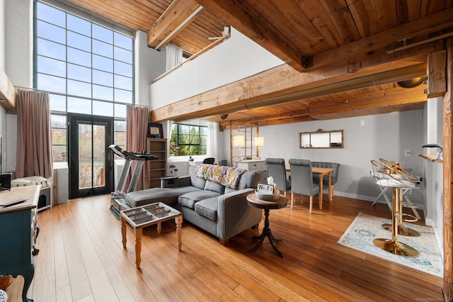 living room featuring beam ceiling and light hardwood / wood-style flooring