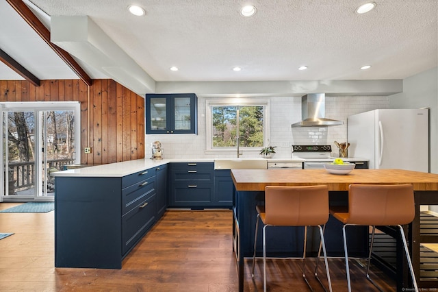 kitchen with electric stove, wall chimney range hood, sink, blue cabinets, and white fridge