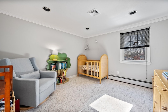 carpeted bedroom featuring ornamental molding, a nursery area, and a baseboard heating unit