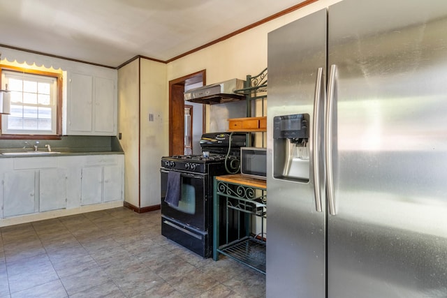 kitchen featuring white cabinetry, sink, ventilation hood, appliances with stainless steel finishes, and ornamental molding