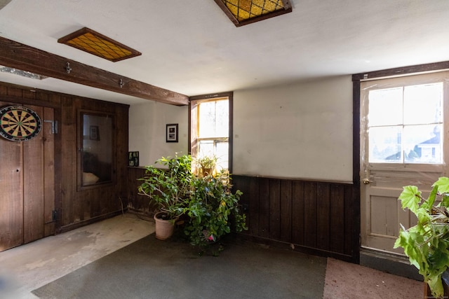 entryway with a wealth of natural light and wood walls