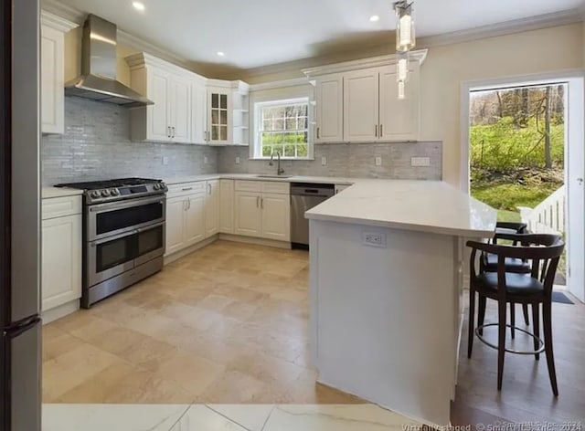 kitchen featuring kitchen peninsula, stainless steel appliances, a wealth of natural light, and wall chimney exhaust hood