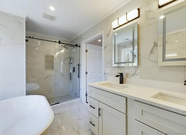 bathroom featuring plus walk in shower, vanity, and crown molding